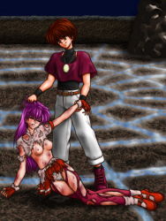 Rule 34 | 1boy, 1girl, asamiya athena, beaten, breasts, bruise, chris, defeat, grabbing another&#039;s hair, h@ruki, injury, nipples, snk, the king of fighters, torn clothes, unconscious, violence