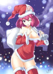 Rule 34 | 1girl, ;), ;p, alternate costume, areola slip, bare shoulders, blush, bottomless, breasts, butter-t, candy, christmas, city, cleavage, cloud, detached sleeves, dress, female focus, food, fur trim, glowing, hat, hip focus, large breasts, lollipop, looking at viewer, night, night sky, no bra, no panties, one eye closed, puffy nipples, purple eyes, purple hair, red thighhighs, sack, saigyouji yuyuko, santa costume, santa hat, shiny clothes, short hair, signature, sky, smile, snowflakes, solo, strapless, strapless dress, thighhighs, tongue, tongue out, touhou, triangular headpiece, wink