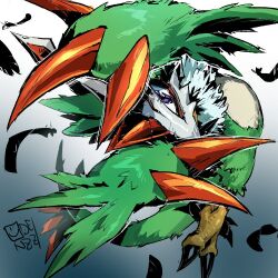 Rule 34 | bird, collarbone, digimon, digimon (creature), dragon, eye mask, feathers, full body, gradient background, green feathers, green tail, horns, oden (odenzzi), pteromon, purple eyes, single horn, sketch, solo