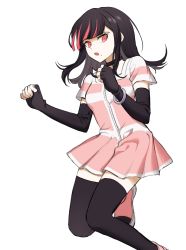 Rule 34 | 1girl, akudama drive, black choker, black gloves, black hair, black thighhighs, choker, dress, elbow gloves, fingerless gloves, foot out of frame, gloves, hands up, highres, long hair, looking at viewer, multicolored hair, no (xpxz7347), open mouth, pink dress, pink eyes, pink hair, red eyes, short sleeves, solo, swindler (akudama drive), thighhighs, transparent background, two-tone hair, zettai ryouiki