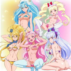 Rule 34 | 10s, 5girls, aisaki emiru, armpits, arms up, ass, bad id, bad pixiv id, bikini, blonde hair, blue bikini, blue eyes, blue hair, blue hat, blunt bangs, blush, bow, breasts, cameltoe, closed mouth, cone hair bun, covered erect nipples, cure amour, cure ange, cure etoile, cure macherie, cure yell, double v, earrings, from behind, garrison cap, hair bun, hair ornament, hat, heartcatch precure!, hugtto! precure, jewelry, kagayaki homare, large breasts, legs together, long hair, looking at viewer, looking back, magical girl, micro bikini, multiple girls, navel, nono hana, ontaros, open mouth, parted lips, pink bikini, pink eyes, pink hair, precure, purple bikini, purple eyes, red eyes, ruru amour, shiny skin, silver hair, sitting, small breasts, smile, spread legs, squatting, standing, swimsuit, teeth, thigh gap, thighhighs, toei animation, twintails, underboob, v, wariza, white legwear, yakushiji saaya, yellow bikini, yellow eyes