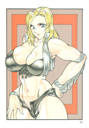 Rule 34 | blonde hair, blue eyes, breasts, bursting breasts, cleavage, dead or alive, hands on own hips, hip focus, huge breasts, leather, open pants, pants, rippadou, smile, tecmo, tina armstrong, wide hips