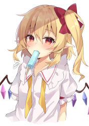 Rule 34 | 1girl, blonde hair, breasts, buttons, collarbone, collared shirt, commentary request, crystal, eating, eyes visible through hair, fang, flandre scarlet, food, food in mouth, frills, hair between eyes, highres, ice cream, jewelry, looking at viewer, medium breasts, miy@, multicolored wings, necktie, no headwear, one side up, open mouth, pointy ears, popsicle, popsicle in mouth, puffy short sleeves, puffy sleeves, red eyes, shirt, short hair, short sleeves, simple background, solo, sweat, sweatdrop, touhou, upper body, white background, white shirt, wings, yellow necktie