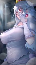 Rule 34 | 1girl, breasts, covering face, crown, embarrassed, ghost, highres, kashu (hizake), large breasts, long hair, luigi&#039;s mansion, mario (series), nintendo, princess king boo, red eyes, solo, wavy mouth, white hair
