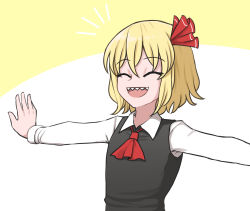 Rule 34 | 1girl, ascot, black vest, blonde hair, closed eyes, collared shirt, commentary, english commentary, hair ribbon, highres, mata (matasoup), notice lines, outstretched arms, red ascot, red ribbon, ribbon, rumia, sharp teeth, shirt, short hair, simple background, smile, solo, spread arms, teeth, touhou, two-tone background, upper body, vest, white background, white shirt, yellow background