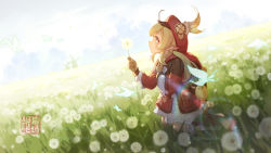 Rule 34 | 1girl, ahoge, backpack, bag, bag charm, blurry, brown gloves, bug, butterfly, cabbie hat, charm (object), clover print, coat, commentary, depth of field, dodoco (genshin impact), field, flower, flower field, genshin impact, gloves, hair between eyes, hat, hat feather, hat ornament, holding, holding flower, hood, hooded coat, horizon, insect, klee (genshin impact), kyouran de onikoushi, lens flare, light brown hair, long hair, long sleeves, looking away, looking up, low twintails, orange eyes, pocket, pointy ears, randoseru, red coat, red hat, sidelocks, signature, solo, twintails, twitter username, watermark, wind