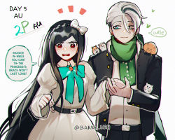 Rule 34 | 1boy, 1girl, alternate color, alternate costume, alternate hair color, alternate hairstyle, alternate universe, barry nah, belt, black belt, black hair, black pants, blush, bow, bowtie, braid, brown eyes, cham-p, collared dress, commentary request, danganronpa (series), danganronpa 2: goodbye despair, dress, dress shirt, earrings, english text, green bow, green bowtie, green eyes, green scarf, grey bow, hair bow, hamster, heart, heterochromia, highres, jewelry, juliet sleeves, jum-p, long sleeves, maga-g, multicolored hair, open mouth, pants, puffy sleeves, red eyes, scarf, shirt, shirt tucked in, simple background, sonia nevermind, sun-d, tanaka gundham, teeth, twitter username, two-tone hair, upper teeth only, white background, white dress, white hair