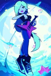 Rule 34 | 1girl, absurdres, black shirt, blue eyes, cropped shirt, denim, earrings, electric guitar, foxdropsdraws, full moon, guitar, hair over one eye, highres, instrument, jeans, jewelry, long hair, mario (series), moon, moonlight, music, nintendo, pants, perspective, playing instrument, rosalina, shirt, shoes, sneakers, solo, star (symbol), star earrings, super mario odyssey