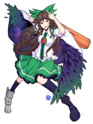 Rule 34 | 1girl, arm cannon, black thighhighs, black wings, blush, bow, breasts, brown hair, cape, feathered wings, hair bow, ishimu, long hair, open mouth, red eyes, reiuji utsuho, ribbon, skirt, smile, solo, thighhighs, third eye, touhou, weapon, wings