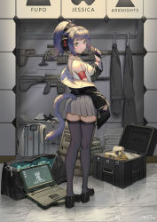 Rule 34 | 1girl, arknights, armband, assault rifle, back, black thighhighs, blunt bangs, bolt action, breasts, cat tail, covered erect nipples, digital media player, from side, full body, green eyes, gun, headphones, highres, indoors, itoucon, jessica (arknights), kneepits, looking back, medium breasts, nail polish, off shoulder, pleated skirt, ponytail, rifle, sidelocks, skindentation, skirt, sniper rifle, solo, standing, tail, tank top, thighhighs, tile floor, tiles, weapon, zettai ryouiki