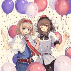 Rule 34 | 2girls, ;d, alice margatroid, alternate hair color, arms up, bad id, bad pixiv id, balloon, belt, black neckwear, black skirt, blonde hair, blue dress, blue eyes, bow, bowtie, brown hair, capelet, confetti, cowboy shot, dress, hairband, hat, highres, holding, holding balloon, lolita hairband, looking at viewer, mixed-language commentary, multiple girls, neck ribbon, one eye closed, ookashippo, open mouth, pom pom (clothes), puffy short sleeves, puffy sleeves, red eyes, red headwear, red neckwear, ribbon, sash, shameimaru aya, shirt, short hair, short sleeves, skirt, smile, standing, tokin hat, touhou, untucked shirt, white background, white capelet, white shirt