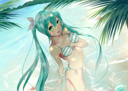Rule 34 | 1girl, absurdres, aqua hair, ball, beachball, bikini, blush, breasts, character name, day, front-tie top, green eyes, hair between eyes, hair ribbon, hatsune miku, highres, kenkano, long hair, looking at viewer, ocean, open mouth, palm tree, ribbon, sand, side-tie bikini bottom, smile, solo, standing, starfish, striped bikini, striped clothes, swimsuit, tree, twintails, vocaloid, water