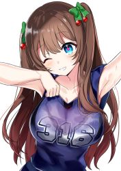Rule 34 | .live, 1girl, ;d, arm up, armpits, bad id, bad pixiv id, bare arms, bare shoulders, blue eyes, blue shirt, blush, bow, bra, breasts, brown hair, cleavage, clothes writing, collarbone, green bow, grin, hair bow, head tilt, jersey, kakyouin chieri, lace, lace-trimmed bra, lace trim, large breasts, long hair, looking at viewer, motsunuki, one eye closed, open mouth, see-through, shirt, sidelocks, simple background, sleeveless, sleeveless shirt, smile, solo, sportswear, sweat, symbol-shaped pupils, two side up, underwear, upper body, virtual youtuber, wet, wet clothes, wet shirt, white background, white bra