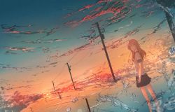 Rule 34 | 1girl, abisswalker8, absurdres, bare legs, barefoot, cloud, commentary, gradient sky, highres, huge filesize, looking at viewer, medium hair, original, pink clouds, power lines, red clouds, scenery, short sleeves, skirt, sky, splashing, sun, sunset, transformer, twisted torso, uniform, utility pole, water, waves