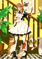 Rule 34 | 1girl, animal, animal print, apron, black dress, black footwear, blush, braid, broom, cat, checkered floor, closed mouth, commentary, crying, crying with eyes open, dress, fish print, flat chest, full body, glasses, handrail, highres, holding, holding animal, holding broom, holding cat, indoors, keishin, long sleeves, maid, maid apron, maid headdress, medium hair, messy hair, multiple cats, orange hair, original, pantyhose, picture frame, plant, potted plant, puffy long sleeves, puffy sleeves, round eyewear, shoes, solo, stairs, standing, tears, too many, too many cats, twin braids, wavy mouth, white pantyhose, wing collar