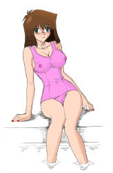 Rule 34 | 1girl, blue eyes, blush, breasts, brown hair, colorized, derivative work, female focus, hige ani, highres, large breasts, legs, looking at viewer, mazaki anzu, nail polish, pink one-piece swimsuit, red nails, simple background, sitting, soaking feet, solo, swimsuit, thighs, water, wet, yu-gi-oh!, yuu-gi-ou, yu-gi-oh! duel monsters