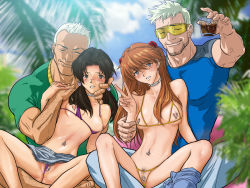 Rule 34 | 2boys, 2girls, age difference, bare legs, bare shoulders, barefoot, bikini, bikini bottom aside, blue eyes, blue shirt, blue sky, blurry, blush, bra, breastless clothes, breasts, brown eyes, brown hair, censored, choker, clitoris piercing, clitoris ring, clothing aside, cloud, collarbone, crotch, crotchless, crotchless panties, crotchless swimsuit, cupless bra, depth of field, douchebags, drink, earrings, empty eyes, facial hair, female pubic hair, forced, freckles, glass, green shirt, hairy, hand on another&#039;s face, hand on shoulder, head tilt, highres, holding, horaki hikari, imminent rape, jewelry, leaf, legs, lip piercing, long hair, looking at viewer, male hand, manly, medium breasts, meguro fukuzou, micro bikini, mosaic censoring, multiple boys, multiple girls, navel, navel piercing, neon genesis evangelion, nervous, nipple piercing, nipple rings, nippleless clothes, nipples, no shirt, nose piercing, open fly, outdoors, panties, pants, pants around one leg, piercing, plant, pubic hair, purple bikini, pussy piercing, raglan sleeves, shiny skin, shirt, sitting, sitting on person, skindentation, skinny, skirt, sky, smile, souryuu asuka langley, spread legs, stubble, sunglasses, swimsuit, swimsuit under clothes, tree, underwear, unzipped, v, yellow bra, yellow panties