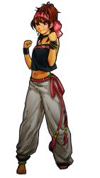 Rule 34 | 1girl, anklet, baggy pants, bandeau, bangle, bare shoulders, barefoot, belt, bracelet, brown eyes, brown hair, choker, clenched hands, earrings, hair ribbon, hair up, headband, highres, hiroaki (kof), jewelry, midriff, momoko (kof), navel, official art, pants, ribbon, snk, solo, the king of fighters, the king of fighters xi, wristband