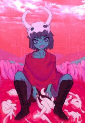 Rule 34 | 1girl, absurdres, black footwear, black shorts, blood, blue hair, blue skin, boots, colored skin, fake horns, fangs, full body, highres, horned headwear, horns, hylics, jellyfrog2812, open mouth, pink clouds, poncho, purple eyes, red sky, sharp teeth, shorts, skull on head, sky, solo, somsnosa, teeth