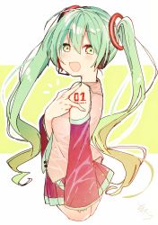 Rule 34 | 1girl, :d, blush, brown shirt, collared shirt, commentary request, detached sleeves, fingernails, green background, green eyes, green hair, green nails, green necktie, hair between eyes, hair ornament, hand up, hatsune miku, headphones, headset, highres, long hair, long sleeves, looking at viewer, looking to the side, nail polish, necktie, open mouth, outline, pleated skirt, red skirt, red sleeves, shirt, sidelocks, skirt, sleeves past wrists, smile, sofra, solo, tie clip, two-tone background, very long hair, vocaloid, white background, white outline