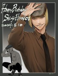Rule 34 | 1boy, adjusting clothes, adjusting headwear, ai (ai1470), alternate costume, black necktie, bleach, blonde hair, blunt bangs, bob cut, brown eyes, brown hat, brown shirt, casual, closed mouth, contemporary, covered eyes, dated, dress shirt, flat cap, greyscale, grin, hair over eyes, hand up, happy birthday, hat, highres, hirako shinji, looking ahead, looking at viewer, monochrome, multiple views, necktie, open mouth, shirt, short hair, smile, squatting, teeth, twitter username, upper body