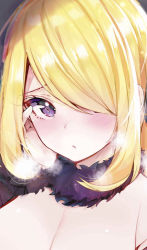 Rule 34 | 1girl, blonde hair, blush, breasts, commentary request, creatures (company), cynthia (pokemon), eyelashes, fur collar, game freak, hair over one eye, hand on own cheek, hand on own face, heart, heart-shaped pupils, highres, long hair, looking at viewer, nintendo, pokemon, pokemon dppt, portrait, purple eyes, rouka (akatyann), solo, sparkle, symbol-shaped pupils