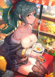Rule 34 | 1girl, :o, absurdres, autumn leaves, balcony, bare shoulders, belt, belt buckle, black coat, blush, boots, bow, breasts, breath, brown footwear, buckle, cleavage, coat, commentary request, cup, day, dress, from side, granblue fantasy, green hair, grey dress, grey sweater, hair bow, herja, highres, holding, holding cup, large breasts, leaf, lens flare, long hair, long sleeves, looking at viewer, looking to the side, maple leaf, nose (oekaki1825), off-shoulder sweater, off shoulder, open clothes, open coat, outdoors, parted lips, plant, ponytail, potted plant, red bow, revision, sideways glance, sitting, solo, sweater, sweater dress, thigh boots, thighhighs, yellow eyes, zettai ryouiki