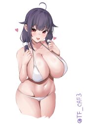 Rule 34 | 1girl, ahoge, bikini, blush, breasts, cowboy shot, curvy, hair flaps, highres, kantai collection, large breasts, long hair, looking at viewer, low twintails, open mouth, plump, purple hair, red eyes, simple background, smile, solo, swimsuit, taigei (kancolle), tf cafe, twintails, twitter username, white background, white bikini