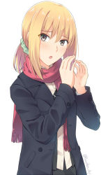 Rule 34 | 1girl, :o, bad id, bad pixiv id, black jacket, blonde hair, blush, collared shirt, grey eyes, hair ornament, hair scrunchie, hands up, jacket, kanden sky, long sleeves, looking at viewer, red scarf, scarf, scrunchie, shirt, simple background, sougan no warlock, upper body, white background, wing collar