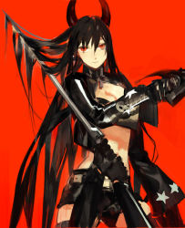 Rule 34 | 10s, 1girl, bikini, bikini top only, black gold saw, black hair, black rock shooter, gloves, horns, long hair, looking at viewer, navel, red eyes, shorts, simple background, solo, starshadowmagician, swimsuit, sword, very long hair, weapon