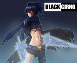 Rule 34 | 1girl, asymmetrical clothes, black rock shooter, black rock shooter (character), black rock shooter (cosplay), blue eyes, blue hair, bow, breasts, chachami ashu, character name, cirno, cosplay, crystal sword, dual wielding, hair bow, holding, ice, matching hair/eyes, medium breasts, scar, short hair, single pantsleg, solo, sword, touhou, underboob, weapon