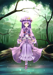Rule 34 | 1girl, absurdres, book, bow, brooch, cloudy.r, crescent, dress, female focus, forest, hair bow, hair ribbon, hat, highres, jewelry, long hair, nature, patchouli knowledge, purple eyes, purple hair, ribbon, sitting, solo, touhou, water, zzz36951