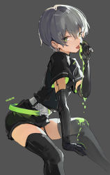 Rule 34 | 1boy, arene (arknights), arknights, black gloves, black shirt, black shorts, black thighhighs, elbow gloves, gloves, green eyes, grey background, grey hair, hair between eyes, highres, invisible chair, licking, looking at viewer, male focus, shirt, short sleeves, shorts, simple background, sitting, solo, thighhighs, trap, wumumu