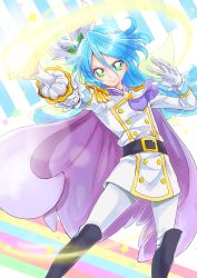 Rule 34 | + +, 10s, 1boy, absurdres, belt, bishounen, blue hair, boots, buttons, cape, cure waffle, double-breasted, epaulettes, gloves, green eyes, hair ornament, highres, julio (precure), kirakira precure a la mode, long hair, magical boy, male focus, precure, sharumon, smile, spoilers, wand, white gloves