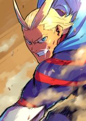 Rule 34 | 1boy, all might, antenna hair, blue bodysuit, blue eyes, bodysuit, boku no hero academia, fighting stance, grin, hair slicked back, looking at viewer, male focus, mana30row, mature male, motion lines, muscular, muscular male, short hair, sideburns, smile, solo, sparkle, superhero costume, thick eyebrows, aged down