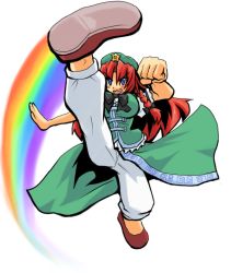 Rule 34 | 1girl, china dress, chinese clothes, dress, female focus, full body, harukatron, hat, hong meiling, immaterial and missing power, long hair, rainbow, red hair, ribbon, solo, touhou