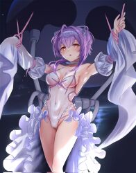 Rule 34 | 1girl, :o, ahoge, armpits, bare shoulders, blush, bound, breasts, cameltoe, choker, cleavage, covered navel, detached sleeves, frilled skirt, frills, goddess of victory: nikke, hair intakes, headband, highres, leotard, liberalio (nikke), lunati nikke, medium breasts, night, ocean, open mouth, purple hair, red eyes, short hair, skirt, sleeves past fingers, sleeves past wrists, solo, star (sky), tube, very long sleeves