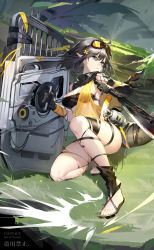 Rule 34 | arknights, axe, bandeau, black hair, blue eyes, breasts, dress, eunectes (arknights), flower, gloves, goggles, goggles on head, grass, hair flower, hair ornament, highres, holding, holding shield, holding weapon, log, microdress, moss, on one knee, plant, pointy ears, reverse grip, see-through, shield, short hair, snake tail, solo, strapless, tail, thigh strap, thighs, toeless footwear, toes, torn clothes, torn legwear, tube top, weapon, yellow dress, yu jiu
