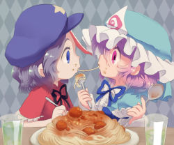 Rule 34 | 2girls, beret, blue dress, blue eyes, blue hair, cup, disney, dress, drinking glass, eye contact, face-to-face, female focus, food, food on face, fork, hat, imminent kiss, jiangshi, lady and the tramp, looking at another, miyako yoshika, multiple girls, ofuda, oto, pasta, pink eyes, pink hair, plate, red dress, saigyouji yuyuko, spaghetti, spoon, touhou