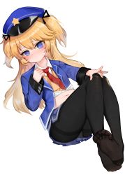 Rule 34 | 1girl, bad id, bad pixiv id, black pantyhose, black ribbon, blonde hair, blue hat, blue jacket, blue skirt, blush, closed mouth, collared shirt, commentary request, dokomon, girls&#039; frontline, hair between eyes, hair ribbon, hat, highres, jacket, korean commentary, long hair, long sleeves, looking at viewer, navel, necktie, no shoes, nose blush, open clothes, open jacket, outstretched arm, pantyhose, peaked cap, photoshop (medium), pleated skirt, red necktie, ribbon, shirt, skirt, sleeves past wrists, soles, solo, super-shorty (girls&#039; frontline), sweat, sweater vest, thighband pantyhose, two side up, very long hair, white shirt