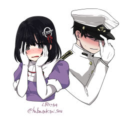 Rule 34 | 1boy, 1girl, adjusting clothes, adjusting headwear, admiral (kancolle), black eyes, black hair, blush, elbow gloves, epaulettes, gloves, haguro (kancolle), hair ornament, hands on own cheeks, hands on own face, hat, highres, kantai collection, long sleeves, lr hijikata, nose blush, peaked cap, short hair, short sleeves, white gloves, white headwear