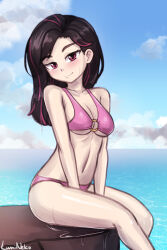 1girl bikini black_hair breasts cloud commentary english_commentary horizon lumineko medium_breasts multicolored_hair navel o-ring o-ring_bikini ocean original pink_bikini purple_hair sitting smile solo streaked_hair swimsuit two-tone_hair underboob wet