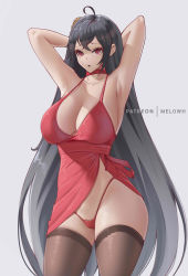 Rule 34 | 1girl, absurdres, ahoge, armpits, arms behind head, artist name, azur lane, black hair, breasts, brown thighhighs, choker, cleavage, cocktail dress, cowboy shot, crossed bangs, dress, evening gown, halter dress, halterneck, highres, huge breasts, lace, lace-trimmed legwear, lace trim, long hair, melowh, official alternate costume, panties, patreon username, red choker, red dress, red eyes, red panties, simple background, sleeveless, sleeveless dress, solo, taihou (azur lane), taihou (forbidden feast) (azur lane), thighhighs, underwear, very long hair, white background