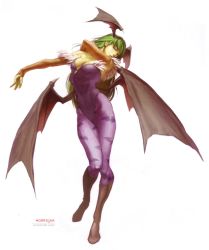 Rule 34 | 1girl, absurdres, arched back, bare shoulders, bat (animal), bat wings, boots, breasts, bridal gauntlets, capcom, character name, christine choi, cleavage, demon girl, elbow gloves, fur trim, gloves, green hair, head wings, highleg, highleg leotard, highres, knee boots, leotard, long hair, looking at viewer, morrigan aensland, official art, outstretched arm, pantyhose, print pantyhose, purple pantyhose, scan, simple background, solo, standing, udon entertainment, vampire (game), white background, wings