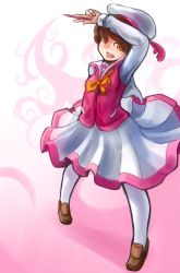 Rule 34 | 1girl, arceonn, beret, brown eyes, brown hair, dress, flat chest, hat, highres, loafers, pantyhose, pencil, pink theme, sailor collar, shoes, short hair, solo, white pantyhose