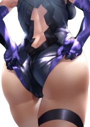 Rule 34 | 1girl, adjusting clothes, adjusting leotard, ass, ass focus, black leotard, breasts, cameltoe, close-up, elbow gloves, fate/grand order, fate (series), from behind, gloves, highres, leotard, leotard pull, lower body, mash kyrielight, medium breasts, nonohachi, pulled by self, simple background, skindentation, solo, standing, thigh strap, wedgie, white background