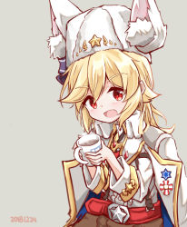 Rule 34 | 1girl, animal ear fluff, animal ears, belt, belt buckle, blonde hair, blush, brown shorts, buckle, center frills, cup, dated, frills, fur hat, girls&#039; frontline, grey background, hair between eyes, hat, head tilt, highres, holding, holding cup, jacket, jacket on shoulders, long hair, looking at viewer, matsuo (matuonoie), mod3 (girls&#039; frontline), mug, nagant revolver (girls&#039; frontline), nagant revolver (mod3) (girls&#039; frontline), red belt, red eyes, shirt, shorts, simple background, solo, star (symbol), steam, white hat, white jacket, white shirt