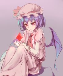 Rule 34 | 1girl, bat wings, crystal, hat, light purple hair, mob cap, puffy short sleeves, puffy sleeves, radiosity (yousei), red eyes, remilia scarlet, ribbon, shirt, short hair, short sleeves, sitting, skirt, skirt set, solo, sparkle, touhou, vampire, wings, wrist cuffs