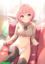 Rule 34 | 1girl, :q, absurdres, ahoge, aran sweater, black thighhighs, blurry, breasts, brown sweater, cable knit, closed mouth, couch, crop top, curtains, depth of field, from above, highres, knee up, long sleeves, looking at viewer, medium breasts, melonbooks, mini wings, navel, nijihashi sora, no bra, no pants, on couch, panties, pink eyes, pink hair, scan, short hair, side-tie panties, sitting, smile, solo, stomach, sweater, thighhighs, tongue, tongue out, turtleneck, turtleneck sweater, underboob, underwear, untied panties, white panties, window, wings