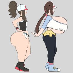 Rule 34 | 2girls, absurdres, ass, bare shoulders, baseball cap, black footwear, black pantyhose, black socks, black vest, blue eyes, blue shirt, blue shorts, boots, breasts, brown hair, character sheet, cleavage, creatures (company), denim, denim shorts, double bun, flat color, from side, full body, game freak, gigantic breasts, grey background, greyimpaction, hair bun, hat, heart, heart-shaped pupils, highres, hilda (pokemon), huge ass, long hair, multiple girls, nintendo, open mouth, pantyhose, pokemon, pokemon bw, pokemon bw2, ponytail, rosa (pokemon), shirt, shoes, short shorts, shorts, simple background, skirt, sleeveless, small breasts, smile, sneakers, socks, standing, symbol-shaped pupils, twintails, underboob, undersized clothes, vest, white footwear, white shirt, wide hips, wristband, yellow skirt